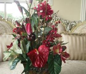 Sale 100 OFF Silk Red Burgundy EXOTIC TROPICAL Floral Arrangement in Rectangular Tin Ornate Vase