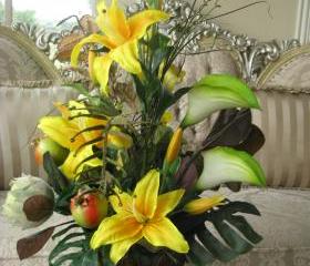 Sale 100 Off Silk Yellow EXOTIC Tropical Floral Arrangement Tin Ornate Vase