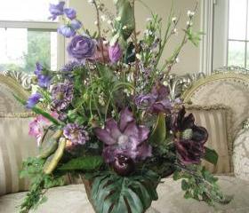 Sale 100 OFF Silk Purple EXOTIC Floral Arrangement Ornate Tin Rustic Vase