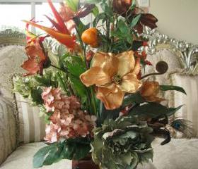 Sale 100 Off Silk Rustic Orange EXOTIC Floral Arrangement Tin ORNATE Vase
